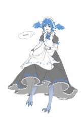 Rule 34 | 1girl, :d, absurdres, alternate costume, apron, black dress, blue eyes, blue hair, blush, dress, enmaided, final fantasy, final fantasy xiv, full body, head wings, highres, looking at viewer, lumeru 33, maid, maid apron, maid headdress, meteion, monster girl, open mouth, puffy short sleeves, puffy sleeves, short sleeves, simple background, smile, solo, talons, white apron, white background, wings, wristband