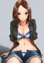 Rule 34 | 1girl, absurdres, blush, bra, breasts, brown hair, collarbone, female focus, green eyes, grey background, highres, large breasts, looking at viewer, medium hair, navel, open clothes, open pants, open shirt, original, panties, pants, shinyoujurin, simple background, sitting, solo, tagme, underwear