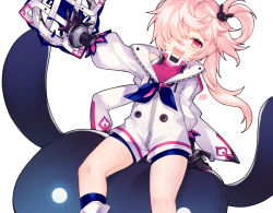 Rule 34 | 1girl, :d, ao jun, black gloves, blush, commentary, elsword, gloves, glowing, glowing eye, hair ornament, hair over one eye, jumpsuit, laby (elsword), long hair, long sleeves, one side up, open mouth, outstretched arm, pink hair, pink shirt, puffy long sleeves, puffy sleeves, rabbit hair ornament, red eyes, rumble pumn (elsword), sharp teeth, shirt, short jumpsuit, simple background, sitting, slit pupils, smile, solo, teeth, very long hair, white background, white jumpsuit