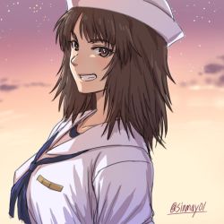 Rule 34 | 10s, 1girl, black eyes, black hair, blouse, blue neckwear, cloud, cloudy sky, commentary request, dixie cup hat, from side, girls und panzer, grin, hat, long hair, long sleeves, looking at viewer, military hat, murakami (girls und panzer), one-hour drawing challenge, ooarai naval school uniform, sailor, sailor collar, school uniform, shinmai (kyata), shirt, sky, smile, solo, standing, star (sky), starry sky, twilight, twitter username, white hat, white shirt