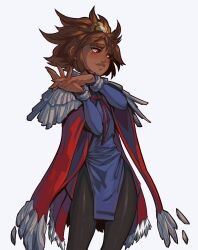 Rule 34 | 1girl, black pantyhose, brown eyes, brown hair, cape, dark-skinned female, dark skin, estyy, freckles, highres, league of legends, long sleeves, own hands together, pantyhose, red cape, solo, standing, taliyah, thick eyebrows