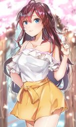 Rule 34 | 1girl, :3, absurdres, ahoge, bad id, bad pixiv id, blue eyes, blush, breasts, brown hair, cherry blossoms, closed mouth, collarbone, commentary request, day, detached sleeves, earrings, flower earrings, highres, ichinose shiki, idolmaster, idolmaster cinderella girls, jewelry, lips, long hair, looking at viewer, medium breasts, outdoors, petals, skirt, smile, solo, standing, tree, wavy hair, yayoichi (yoruyoru108), yellow skirt