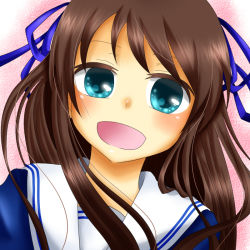 Rule 34 | 1girl, aqua eyes, bad id, bad pixiv id, brown hair, budou829, budou (canary no kanade), fruits basket, hair ribbon, honda tooru, ribbon, school uniform, smile, solo