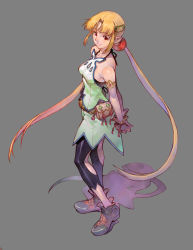 Rule 34 | 1girl, absurdres, alfina, alfina (grandia), armlet, arms behind back, bare shoulders, belt, blonde hair, blush, breasts, closed mouth, collarbone, elf, eyebrows, full body, game arts, grandia, grandia iii, grey background, hair ornament, hairpin, highres, interlocked fingers, jewelry, leggings, legs together, long hair, medium breasts, official art, pointy ears, red eyes, shoes, sideboob, sidelocks, simple background, solo, standing, twintails, very long hair, yoshinari you