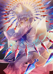 Rule 34 | 1girl, animal hat, bare shoulders, blonde hair, closed mouth, detached sleeves, dress, floating, floating object, fox tail, frills, glowing, glowing eyes, hair between eyes, hand to own mouth, hands in opposite sleeves, hat, kunai, light particles, long sleeves, looking at viewer, miyuki ruria, mob cap, multiple tails, off-shoulder dress, off shoulder, short hair, sleeves past wrists, solo, tabard, tail, tassel, touhou, weapon, white dress, wide sleeves, yakumo ran, yellow eyes