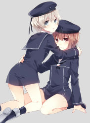 Rule 34 | 10s, 2girls, blue eyes, brown hair, clothes writing, grey background, hat, kantai collection, kneeling, looking at viewer, multiple girls, oranggila12, personification, red eyes, sailor collar, sailor hat, short hair, simple background, sitting, wariza, z1 leberecht maass (kancolle), z3 max schultz (kancolle)