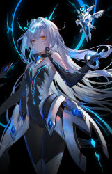 Rule 34 | 1girl, android, bare shoulders, black background, black bodysuit, black gloves, black pantyhose, black sleeves, bodysuit, breasts, bridal gauntlets, cleavage, clothing cutout, code: sariel (elsword), commentary, detached sleeves, elbow gloves, electricity, elsword, empty eyes, english commentary, eve (elsword), facial mark, floating, floating hair, gem, gloves, hair between eyes, hair intakes, half-closed eyes, highres, jewelry, long hair, looking at viewer, moby (elsword), pantyhose, parted lips, remy (elsword), robot, shoulder cutout, shrug (clothing), signature, silver hair, sleeveless, small breasts, strapless, swd3e2, thighs, very long hair, yellow eyes