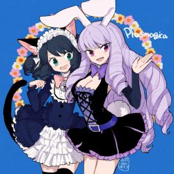 Rule 34 | 2girls, :d, animal ear fluff, animal ears, bell, belt, blue background, blue hair, breasts, cat ears, cat girl, cat tail, chuchu (show by rock!!), cleavage, cowboy shot, cross-laced clothes, curly hair, cyan (show by rock!!), dated, dot nose, dress, drill hair, fang, flower, frills, gothic lolita, green eyes, hand up, jingle bell, l hakase, large breasts, light purple hair, lolita fashion, long hair, long sleeves, looking at viewer, maid headdress, multiple girls, open mouth, purple eyes, rabbit ears, rabbit girl, rabbit tail, ringlets, short hair, show by rock!!, signature, smile, tail, tareme, teeth, tsurime, upper teeth only, very long hair, waving