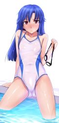 Rule 34 | 1girl, arm support, arm up, bare shoulders, blue hair, blush, brown eyes, cameltoe, competition swimsuit, covered navel, flat chest, full-face blush, goggles, unworn goggles, halterneck, hidebou, holding, idolmaster, idolmaster (classic), jpeg artifacts, kisaragi chihaya, long hair, one-piece swimsuit, partially submerged, pool, poolside, see-through, simple background, sitting, soaking feet, solo, swimsuit, wading pool, white background, white one-piece swimsuit