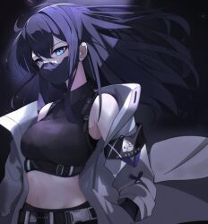 Rule 34 | 1girl, absurdres, armband, bare shoulders, belt, black gloves, black hair, black shirt, blue archive, blue eyes, breasts, coat, commentary, cropped legs, floating hair, gloves, hair between eyes, highres, long hair, long sleeves, mask, medium breasts, midriff, mochi (jun2743), mouth mask, no headwear, no navel, open clothes, open coat, resolution mismatch, saori (blue archive), shirt, sleeveless, sleeveless shirt, solo, source smaller, stomach, upper body, white coat