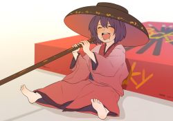 Rule 34 | 1girl, :d, ^ ^, barefoot, bowl, bowl hat, chocolate, chocolate on face, closed eyes, eating, feet, food, food on face, full body, gradient background, hair between eyes, hat, japanese clothes, kimono, kobaji, mini person, minigirl, open mouth, pocky, purple hair, red kimono, short hair, sitting, smile, solo, sukuna shinmyoumaru, touhou, wide sleeves