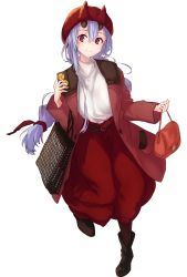 Rule 34 | 1girl, absurdres, alternate costume, bag, belt, boots, brown coat, brown footwear, casual, coat, commentary request, fate/grand order, fate (series), hair between eyes, handbag, highres, holding, holding bag, holding handbag, horns, horns through headwear, leg up, long hair, long skirt, looking at viewer, low-tied long hair, mitsudomoe (shape), oni horns, open clothes, open coat, orihiro0614, red eyes, red skirt, shirt, shopping bag, silver hair, simple background, skirt, smile, solo, tomoe (symbol), tomoe gozen (fate), very long hair, white background, white shirt