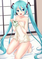 Rule 34 | 1girl, :d, barefoot, bed sheet, blue eyes, blue hair, bow, bow panties, breasts, collarbone, green bow, hair between eyes, hair ornament, hatsune miku, headphones, highres, holding, holding clothes, holding panties, holding underwear, indoors, kneeling, long hair, looking at viewer, naked towel, nendoroya, open mouth, panties, small breasts, smile, solo, striped clothes, striped panties, towel, twintails, underwear, very long hair, vocaloid, white towel