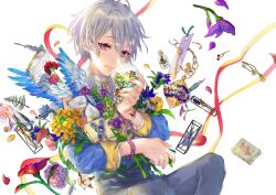 Rule 34 | 1boy, antenna hair, belt, bishounen, blue jacket, blue sleeves, bottled star, bouquet, buttons, check copyright, commentary request, copyright request, cowboy shot, eyelashes, flower, flower request, grey hair, grey pants, high-waist pants, highres, holding, holding bouquet, jacket, knees up, layered sleeves, long sleeves, looking at viewer, male focus, mole, mole under eye, nasso0810, object request, open mouth, original, ornament, pants, purple bracelet, purple eyes, red flower, red ribbon, ribbon, shirt, short hair, smile, snow globe, solo, teeth, thigh belt, thigh strap, turtleneck shirt, two-tone ribbon, upper teeth only, white background, white belt, white flower, white shirt, white wings, wings, wrist flower, yellow flower, yellow ribbon