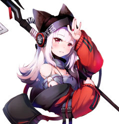 Rule 34 | 1girl, animal ears, arknights, arm up, bag, bare shoulders, black headwear, blunt bangs, blush, commentary, cropped torso, ears through headwear, fox ears, frostleaf (arknights), grey shirt, headphones, implied extra ears, jacket, long hair, long sleeves, looking at viewer, material growth, nail polish, nitchi, off shoulder, oripathy lesion (arknights), parted lips, red eyes, red jacket, red nails, shirt, silver hair, simple background, solo, upper body, white background