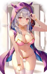 Rule 34 | 1girl, bare shoulders, bikini, blush, breasts, chocolate heaven (fate/grand order), cleavage, cloak, collarbone, earrings, fate/grand order, fate (series), food, hair between eyes, hair ribbon, hand on own thigh, heart, highres, hood, hood up, hooded cloak, horned hood, horns, jewelry, kama (chocolate heaven) (fate), kama (fate), large breasts, long hair, looking at viewer, navel, necklace, open mouth, pink bikini, red ribbon, ribbon, rin yuu, ring, silver hair, skindentation, smile, solo, space, star (sky), swimsuit, thighhighs, thighs, white thighhighs