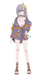 Rule 34 | 1girl, 3d, bandaged leg, bandages, bare legs, blue eyes, blue kimono, character request, chest sarashi, commentary, floral print, full body, grey hair, hand on own hip, highres, horns, japanese clothes, kimono, long hair, looking at viewer, midriff peek, original, sandals, sarashi, shinta (the-mattyaman), side ponytail, simple background, single bare shoulder, single horn, solo, standing, white background