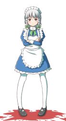Rule 34 | 1girl, alison (alison airlines), apron, bad id, bad pixiv id, black eyes, blood, blood stain, bow, braid, crossed arms, hair bow, highres, izayoi sakuya, jitome, maid apron, maid headdress, mary janes, pantyhose, shoes, silver hair, solo, touhou, twin braids, white background, white pantyhose