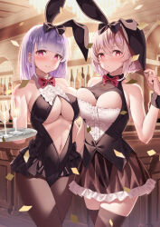 Rule 34 | 2girls, absurdres, alternate costume, animal ears, azur lane, bar (place), bare shoulders, black pantyhose, black thighhighs, blue hair, blush, bow, bowtie, breasts, center opening, classic (zildjian33), cleavage, dido (azur lane), earrings, fake animal ears, highres, holding, holding tray, jewelry, large breasts, leotard, looking at viewer, medium hair, multiple girls, pantyhose, playboy bunny, purple eyes, red bow, red bowtie, red eyes, sirius (azur lane), smile, thighhighs, tray, underboob, white hair