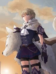 Rule 34 | 1girl, animal, armor, ascot, blonde hair, blue eyes, closed mouth, fire emblem, fire emblem engage, fur trim, gloves, highres, looking at viewer, merrin (fire emblem), nintendo, robaco, short hair, shorts, shorts under skirt, skirt, solo, thigh strap, wolf