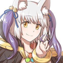 Rule 34 | 1girl, animal ear fluff, animal ears, bangle, bell, blue ribbon, bracelet, closed mouth, commentary request, fox ears, fur collar, hair bell, hair ornament, hair ribbon, twirling hair, jewelry, jingle bell, looking at viewer, medium hair, multicolored hair, natsuya (kuttuki), purple hair, ragnarok online, ribbon, simple background, smile, solo, sorcerer (ragnarok online), two-tone hair, upper body, white background, white hair, yellow eyes