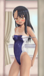 Rule 34 | 1girl, absurdres, asymmetrical bangs, black hair, breasts, competition swimsuit, dark-skinned female, dark skin, fang, hair ornament, hairclip, highleg, highleg swimsuit, highres, ijiranaide nagatoro-san, long hair, looking at viewer, nagatoro hayase, one-piece swimsuit, one-piece tan, open mouth, orange eyes, small breasts, solo, swimsuit, tan, tanline, tenko (winged assessin)