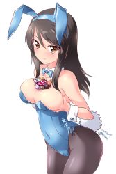 Rule 34 | 1girl, animal ears, black pantyhose, blue bow, blue bowtie, blush, bow, bowtie, breast hold, breasts, brown eyes, brown hair, cameltoe, candy, cleavage, closed mouth, collar, commentary, covered navel, cowboy shot, dated, detached collar, fake animal ears, fake tail, food, food on body, food on breasts, girls und panzer, highres, kuzuryuu kennosuke, large breasts, leaning forward, leotard, long hair, looking at viewer, mika (girls und panzer), one-hour drawing challenge, pantyhose, playboy bunny, rabbit ears, rabbit tail, side-tie leotard, simple background, smile, solo, standing, strapless, strapless leotard, tail, thighs, twitter username, white background, white collar, wing collar