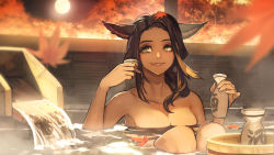 Rule 34 | 1girl, animal ears, autumn leaves, bathing, black hair, blurry, blurry foreground, breasts, bucket, choko (cup), cleavage, closed mouth, collarbone, cup, depth of field, falling leaves, final fantasy, final fantasy xiv, forehead, full moon, hide (hideout), highres, holding, holding cup, knees up, large breasts, leaf, lips, long hair, looking away, looking up, maple leaf, miqo&#039;te, moon, night, night sky, onsen, outdoors, partially submerged, sitting, sky, smile, solo, tokkuri, warrior of light (ff14), water, wooden bucket, yellow eyes