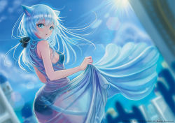 Rule 34 | 1girl, animal ears, bare shoulders, blue dress, blue eyes, blue hair, blue theme, blurry, blurry background, breasts, cat ears, cat girl, dress, female focus, floating clothes, floating hair, holding, holding clothes, hou no ka, lens flare, looking at viewer, looking back, medium breasts, original, parted lips, see-through, solo, sunlight