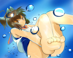 Rule 34 | 10s, 1girl, air bubble, bad feet, bare shoulders, barefoot, blush, brown eyes, brown hair, bubble, i-401 (kancolle), kantai collection, looking at viewer, one-piece swimsuit, ponytail, sailor collar, sch, school swimsuit, school uniform, short hair, short ponytail, smile, solo, swimsuit, swimsuit under clothes, underwater