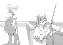Rule 34 | 2girls, absurdres, breasts, character request, cigarette, closed mouth, collared shirt, girls&#039; frontline, glasses, greyscale, gun, hair ornament, hairclip, highres, holding, holding gun, holding weapon, jacket, k2 (girls&#039; frontline), k5 (girls&#039; frontline), kion-kun, kneeling, large breasts, long hair, looking at viewer, meme, monochrome, mouth hold, multiple girls, open clothes, open jacket, pants, parody, photo-referenced, ponytail, real life, rifle, rooftop, rooftop koreans, round eyewear, shirt, smoke, smoking, standing, weapon, wing collar