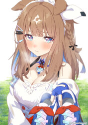 1girl almond_eye_(umamusume) animal_ears blue_eyes blush brown_hair chahanramen commentary_request fingerless_gloves giving gloves grass hair_between_eyes hair_ornament hairband highres holding horse_girl long_hair looking_at_viewer pov shoes simple_background solo steaming_body sweat umamusume white_background