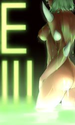 Rule 34 | 1girl, ass, breasts, dark-skinned female, dark skin, demon girl, doom (series), from side, glowing, green hair, green theme, hdoom, head out of frame, highres, imp (doom), klein voimond, nipples, nude, partially submerged, personification, short hair, solo, spikes, thighs, water, water drop, wet