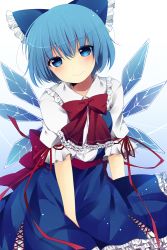 Rule 34 | 1girl, ari suzushi, bad id, bad pixiv id, blue dress, blue eyes, blue hair, bow, cirno, dress, hair bow, ice, ice wings, looking at viewer, matching hair/eyes, ribbon, short hair, smile, solo, touhou, wings