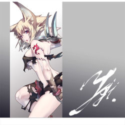 Rule 34 | 1girl, :o, animal ears, bare shoulders, blonde hair, blush, breasts, brown eyes, claw (weapon), fox ears, kneehighs, kousaki rui, leg up, looking at viewer, medium breasts, open mouth, original, short hair, socks, solo, standing, standing on one leg, tattoo, thighs, torn clothes, underboob, weapon, white socks