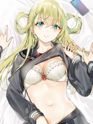 Rule 34 | 2girls, black sailor collar, black serafuku, black skirt, blonde hair, blue eyes, bow, bow bra, bra, breasts, cellphone, cleavage, clothes lift, clothes pull, female pov, from above, gradient eyes, green eyes, hair ornament, hair rings, hairclip, highres, lace, lace-trimmed bra, lace trim, lifting own clothes, long hair, long sleeves, looking at viewer, lying, medium breasts, mole, mole on breast, multicolored eyes, multiple girls, navel, on back, original, orihi chihiro, parted lips, phone, pleated skirt, pov, red neckwear, ribbon-trimmed bra, sailor collar, school uniform, serafuku, shirt lift, skirt, skirt pull, smartphone, solo focus, stomach, sweatdrop, underwear, yuri