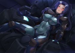 Rule 34 | 1girl, blue bodysuit, blush, bodysuit, breasts, cockpit, covered erect nipples, covered navel, fortified suit, hair intakes, highres, kurione (zassou), long hair, muv-luv, muv-luv alternative, open mouth, original, pilot suit, ponytail, purple hair, sidelocks, sitting, solo, sweat, yellow eyes