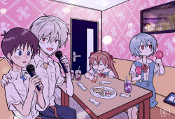 Rule 34 | 2boys, 2girls, :d, ahoge, ayanami rei, belt, black hair, blue eyes, blue hair, blue pants, blue skirt, blush, brown belt, brown hair, closed mouth, collared shirt, commentary, drinking, food, grey hair, hair ornament, hairpods, hand on another&#039;s shoulder, hands up, hashimo99187365, highres, holding, holding maracas, holding microphone, ikari shinji, indoors, instrument, jitome, karaoke, long hair, maracas, microphone, multiple boys, multiple girls, nagisa kaworu, neon genesis evangelion, open mouth, pants, red eyes, red ribbon, ribbon, shirt, short hair, sitting, skirt, smile, souryuu asuka langley, translated, white shirt