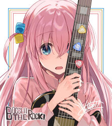 Rule 34 | 1girl, absurdres, blue eyes, blush, bocchi the rock!, commentary request, copyright name, cube hair ornament, electric guitar, gibson les paul, gotoh hitori, guitar, hair between eyes, hair ornament, highres, holding, holding instrument, ijichi nijika, instrument, jacket, kita ikuyo, long sleeves, looking at viewer, one side up, open mouth, second-party source, shirabi, signature, solo, track jacket, upper body, yamada ryo