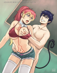 Rule 34 | 1girl, ao no exorcist, artist name, azasuke, bikini, bikini top only, blue eyes, blue hair, blush, grabbing another&#039;s breast, breasts, clenched teeth, clothed female nude male, clothed sex, grabbing, groping, highres, kirigakure shura, large breasts, long hair, multicolored hair, navel, nude, okumura rin, open mouth, ponytail, purple eyes, saliva, scarf, sex, short hair, short shorts, shorts, smile, socks, sweat, swimsuit, tail, tattoo, teeth