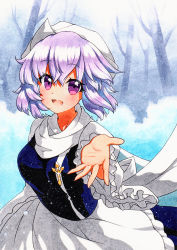 Rule 34 | 1girl, bad id, bad pixiv id, bare tree, breasts, cowboy shot, frilled sleeves, frills, hair between eyes, hat, letty whiterock, long sleeves, looking at viewer, medium breasts, medium hair, open mouth, outstretched arm, outstretched hand, purple eyes, purple hair, qqqrinkappp, scarf, solo, touhou, traditional media, tree, white hat, white scarf, wide sleeves, winter clothes