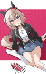 Rule 34 | 1girl, alternate costume, animal ears, black jacket, blush, bow, commentary request, cropped shirt, cross, cross necklace, curren chan (umamusume), denim, denim skirt, ear bow, ear covers, foot out of frame, grey hair, hair between eyes, highres, horse ears, horse girl, horse tail, jacket, jewelry, knees together feet apart, long sleeves, necklace, nel-c, no shoes, open clothes, open jacket, parted lips, red bow, red footwear, ribbed socks, shoes, short hair, skirt, sneakers, socks, solo, tail, umamusume, unworn footwear, white socks