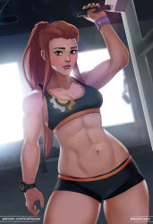 Rule 34 | 1girl, abs, backlighting, bad id, bad pixiv id, bike shorts, blush, breasts, brigitte (overwatch), brown eyes, brown hair, cleavage, eyelashes, koshio, long hair, looking at viewer, medium breasts, muscular, muscular female, navel, overwatch, overwatch 1, short shorts, shorts, solo, sports bra, stomach, toned, watch, wristband, wristwatch