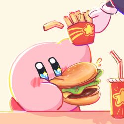 +_+ artist_name blush burger cheese commentary cup drinking_straw eating english_commentary food french_fries gloves highres holding kirby kirby_(series) lettuce mokochoco nintendo no_humans shadow simple_background tomato