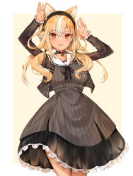 Rule 34 | 1girl, animal ears, arms up, belt, black choker, black jacket, black ribbon, blonde hair, border, cat ears, choker, cowboy shot, dark-skinned female, dark skin, dress, frilled dress, frills, grey dress, headphones, highres, hololive, jacket, long hair, long sleeves, looking at viewer, official alternate costume, open mouth, pinstripe dress, pinstripe pattern, pointy ears, red eyes, ribbon, sailor dress, shiranui flare, shiranui flare (street), simple background, solo, standing, striped, twintails, virtual youtuber, white border, yellow background, yukineko1018