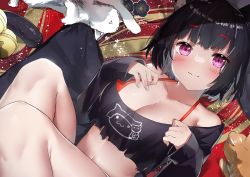Rule 34 | 1girl, absurdres, animal ears, azur lane, bell, black hair, blush, breasts, cat, cat ears, cat tail, commentary request, cotton kanzaki, highres, large breasts, long sleeves, looking at viewer, lying, mismatched eyebrows, navel, official alternate costume, on back, purple eyes, shirt, short hair, smile, solo, stomach, tail, tail bell, tail ornament, torn clothes, torn shirt, yamashiro (azur lane), yamashiro (vacation offensive!) (azur lane)