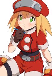 Rule 34 | 1girl, black bodysuit, blonde hair, blush, bodysuit, bodysuit under clothes, breasts, commentary request, covered navel, cropped jacket, green eyes, highres, jacket, looking up, medium breasts, mega man (series), mega man legends (series), pencil, red headwear, red jacket, red shorts, roll caskett (mega man), shorts, simple background, sitting, solo, touhou3939, white background