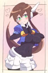 Rule 34 | 1girl, absurdres, aile (mega man zx), black bodysuit, blush, bodysuit, breasts, brown hair, buzzlyears, closed mouth, covered navel, green eyes, heart, highres, large breasts, long hair, looking at viewer, mega man (series), mega man zx, mega man zx advent, shorts, smile, solo, white shorts