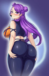 Rule 34 | 1girl, ass, back, bad id, bad pixiv id, blue background, blush, braid, breasts, double bun, hair bun, half-closed eyes, hand on own ass, highres, hip focus, huge ass, huge breasts, k/da (league of legends), k/da kai&#039;sa, kai&#039;sa, large breasts, league of legends, legs together, long hair, looking at viewer, looking back, microphone, minieon kiugi, pants, purple eyes, purple hair, simple background, smile, solo, thick thighs, thighs, tight clothes, tight pants, twin braids