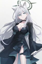 Rule 34 | absurdres, ahoge, animal ear fluff, animal ears, black choker, black dress, black gloves, blue archive, blue eyes, breasts, bright pupils, choker, cleavage, collarbone, dress, extra ears, gloves, grey hair, halo, highres, kano (wi3028), large breasts, long hair, long sleeves, looking at viewer, mismatched pupils, parted lips, shiroko (blue archive), shiroko terror (blue archive), simple background, skindentation, thigh strap, very long hair, white background, wide sleeves, wolf ears